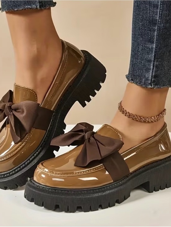 Shoes - NWOT Patent Brown Bow Platform Loafers for Women